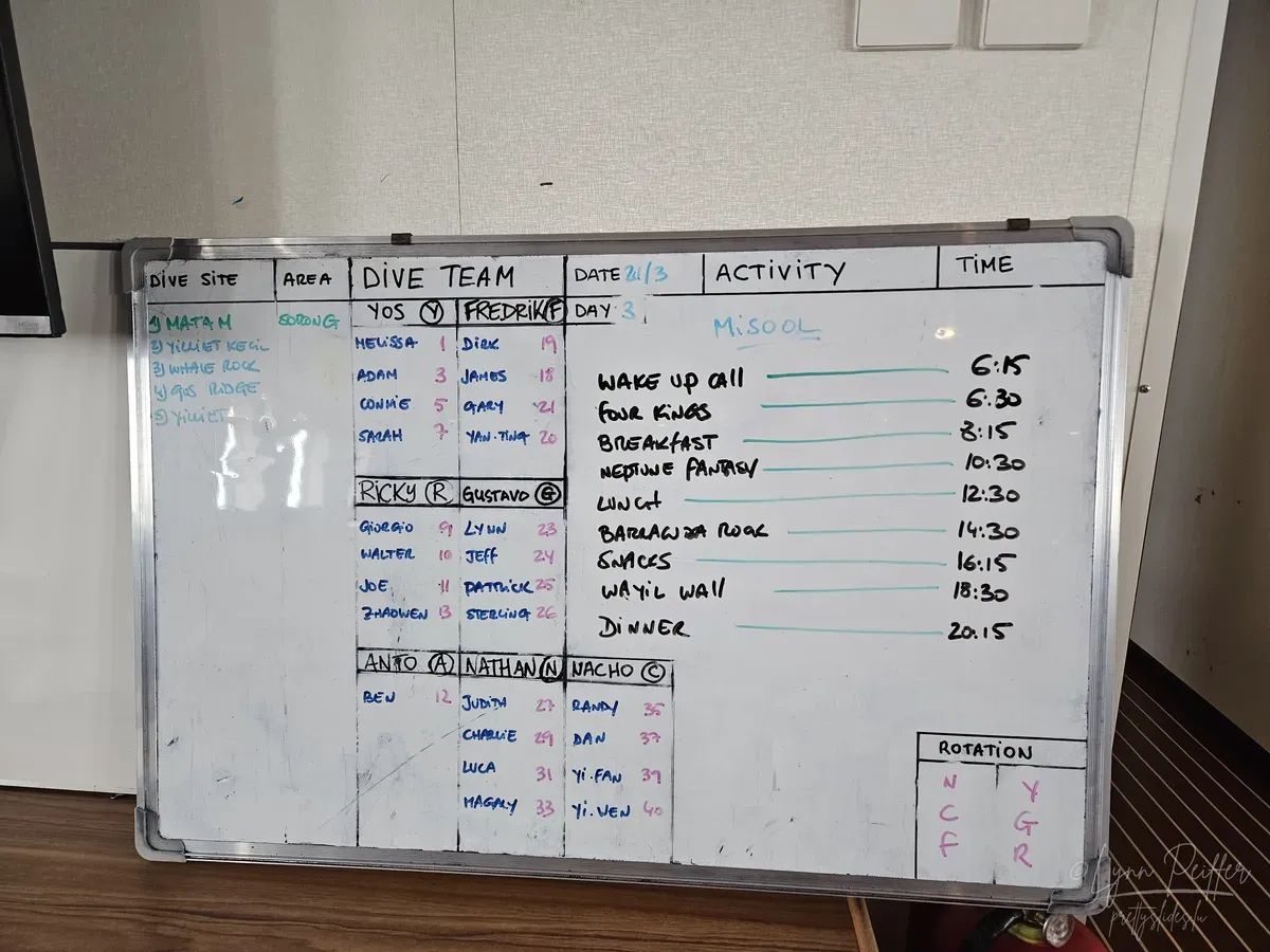Diving Raja Ampat Indonesia Travel Photos 08 by Lynn Peiffer A white board marked with dive sites, area, dive teams, the date, a list of activities and times, and crew rotation sits on a wooden desk under a tv on the White Manta liveaboard in Raja Ampat, Indonesia.