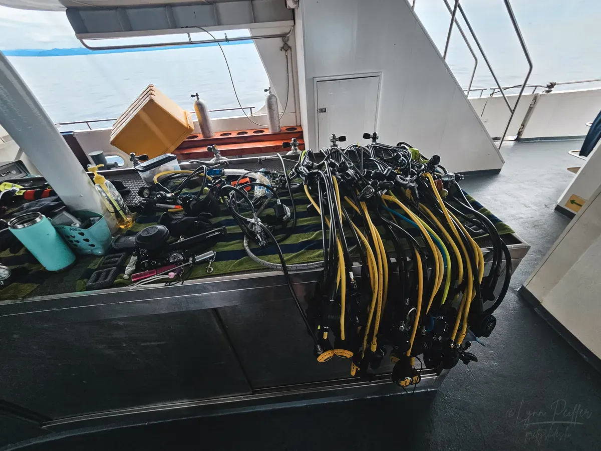 Diving Raja Ampat Indonesia Travel Photos 12 by Lynn Peiffer Dive equipment and accessories sit on a steel workbench aboard the White Manta in Raja Ampat.