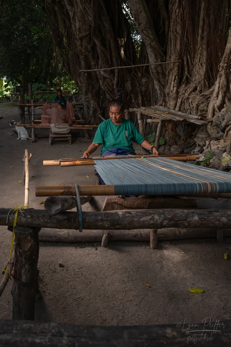 Sumba Indonesia Travel Photo 08 by Lynn Peiffer A Sumbanese woman in a green t-shirt working a bamboo loom to create ikat weaving among the trees in Sumba, Indonesia.